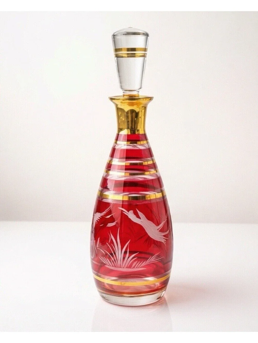 Vintage Ruby Red Glass Decanter Set 7pc Gold Trim Etched Bird Barware Set